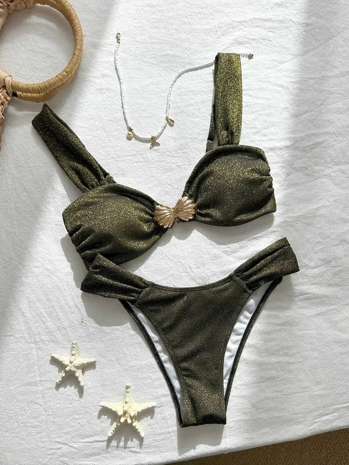 Sexy bikini a fascia con fiocco in metallo glitterato, set due pezzi, costumi da bagno a perizoma, tankini, trikini