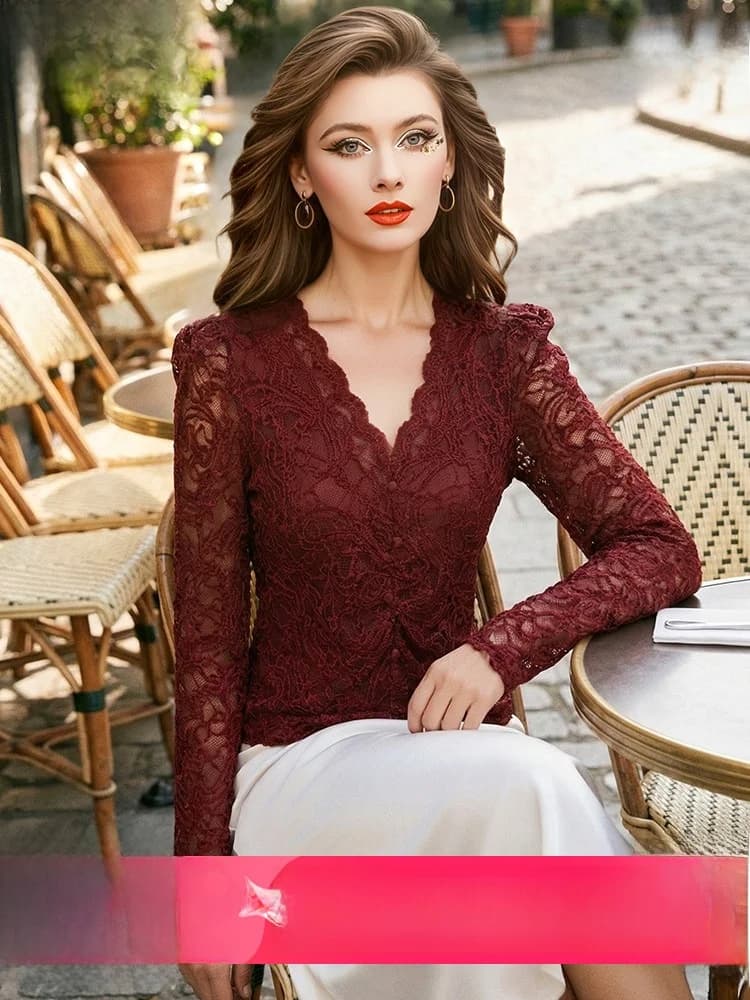 Maglietta Leggera a Maniche Lunghe con Scollo a V in Pizzo da Donna, Top Slim Fit alla Moda, Design Primaverile Sensazionale, Elegante e Snellente FX&Mo