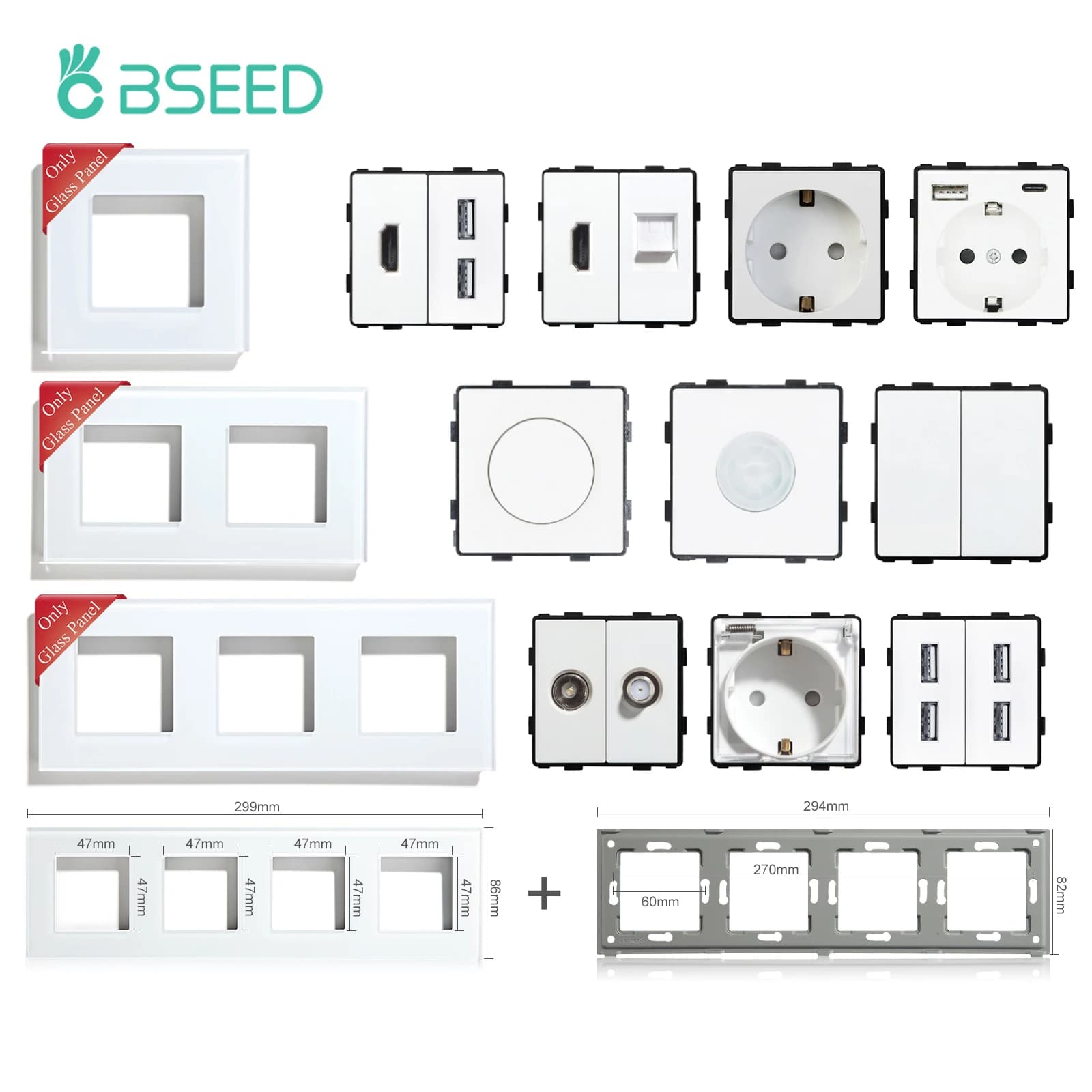 Cornici in vetro BSEED Standard UE Interruttori sensore PIR Modulo Parte Prese a muro Funzione fai da te Base dimmer Parti HDMI USB Type-c