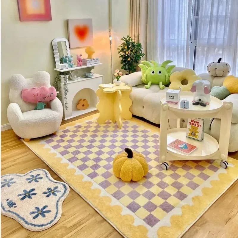 Tappeto da comodino a scacchiera rosa blu Tappeto da camera da letto carino con dopamina Moda Ins Tappetino da tavolino morbido di lusso leggero avanzato Tapis