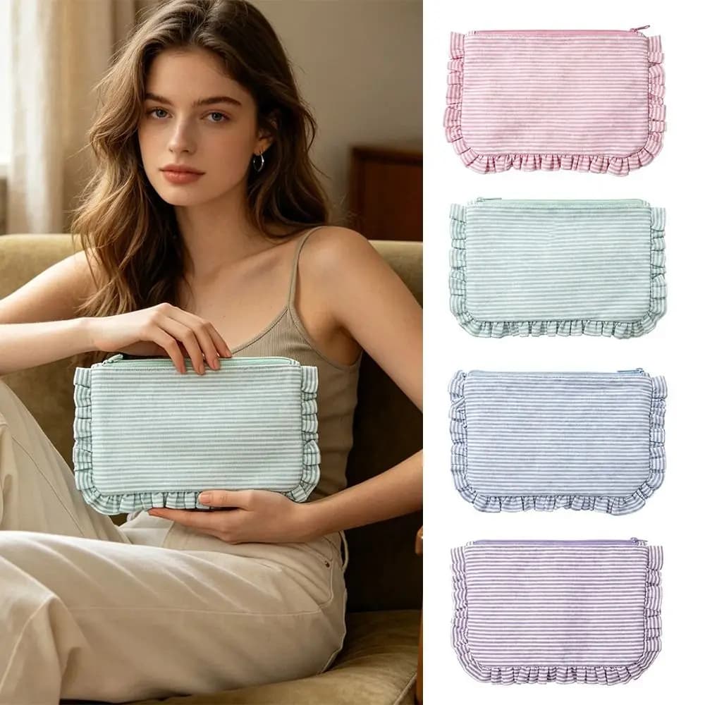 Multi-functional Ruffle Striped Makeup Bag Large Capacity Portable Zipper Handbag Cosmetic Pouch Home&Travel