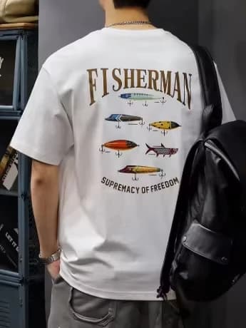Fishing Hook Pattern Printed Men's T-shirt 100% Cotton Summer Streetwear for Both Men and Women, Outdoor Fishing Top