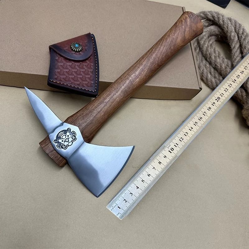 Ascia Tattica Multifunzionale in Acciaio Inossidabile con Manico in Legno di Palissandro, Attrezzatura di Emergenza per Campeggio e Sopravvivenza Durante Gite all'Aperto