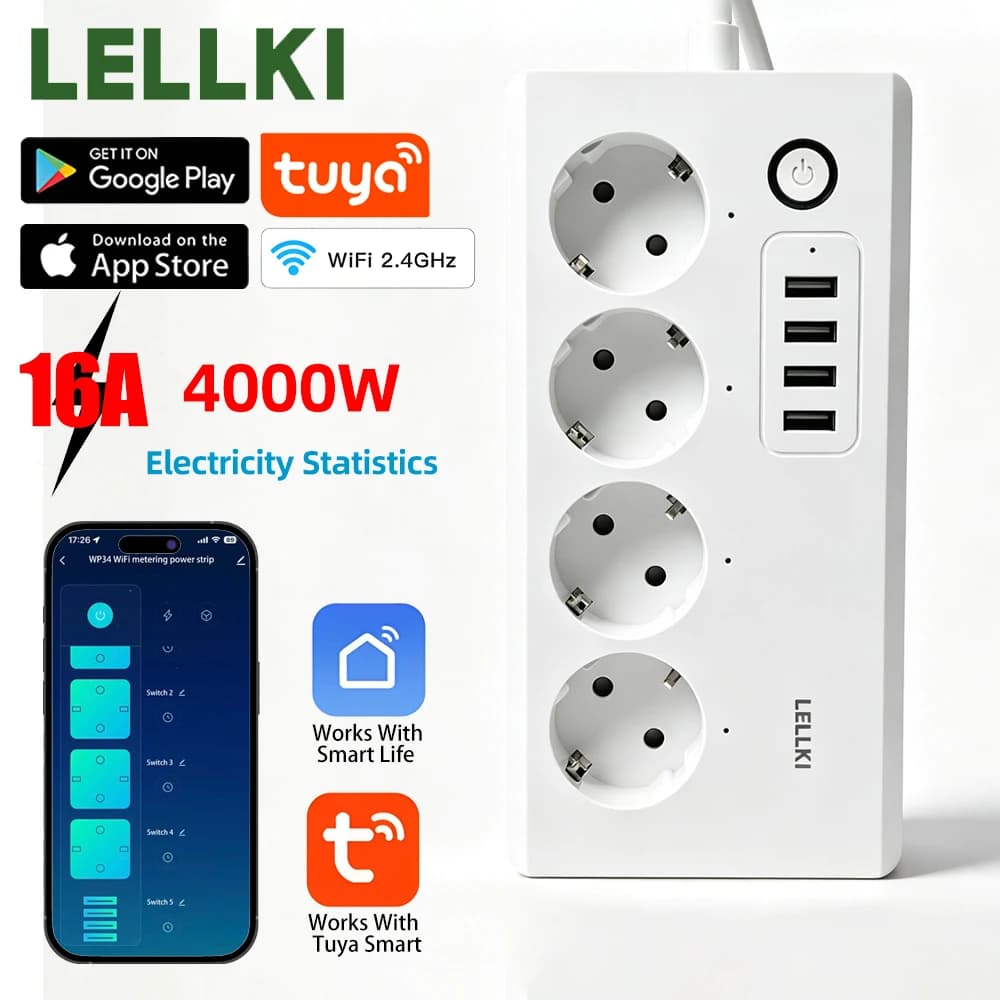 LELLKI WiFi EU Tuya Smart Power Strip Smart Life Timing Voice Control Alexa Google Home Electricity Monitoring Extension Socket