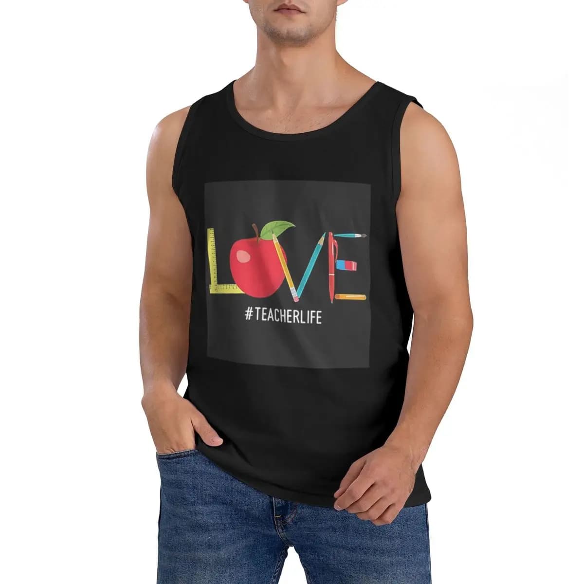 T-shirt senza maniche in cotone 100% Love Teacher Life Apple Pencil, abbigliamento sportivo da allenamento per uomo, gilet girocollo da uomo