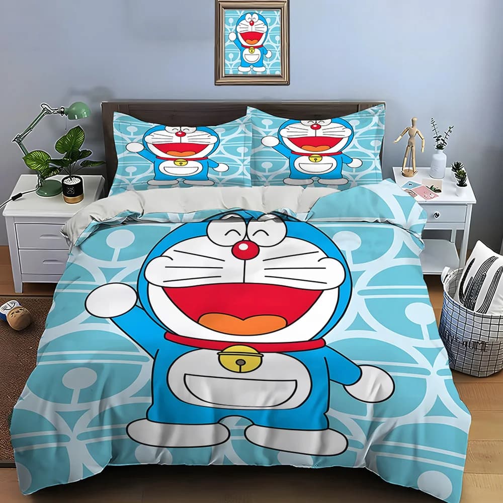 Set di Biancheria da Letto con Stampa Cartoon Doraemon, 3 Pezzi: 1 Copripiumino, 2 Federe, Regalo di Lusso per Bambini e Ragazzi