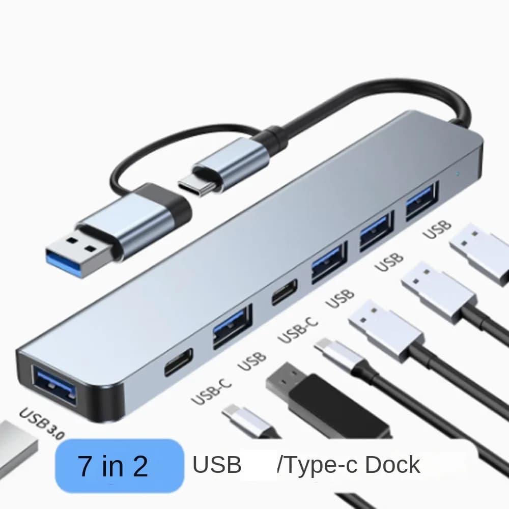 Type-C 7-in-1 multifunction expansion hub, 7-in-1 gray USB splitter, Type-C multi-interface docking station