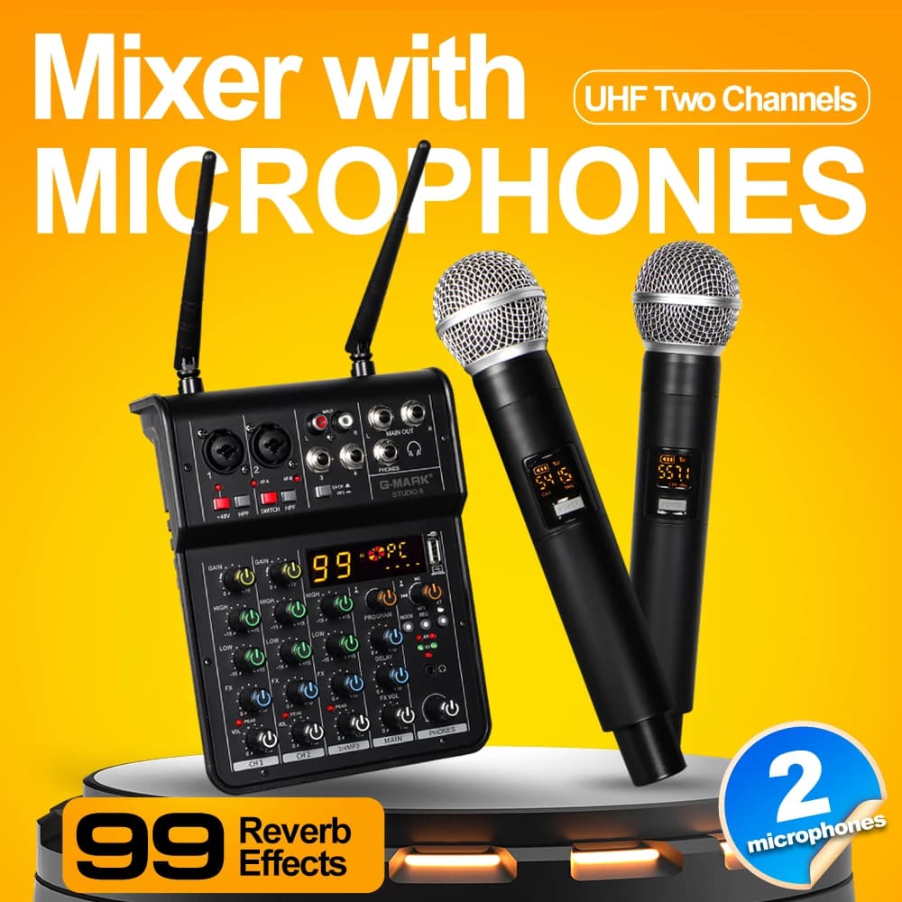 Audio Mixer with G-MARK Studio 6 Microphone, Bluetooth Portable DJ Console + USB 48V Interface, Live Performance Mixer