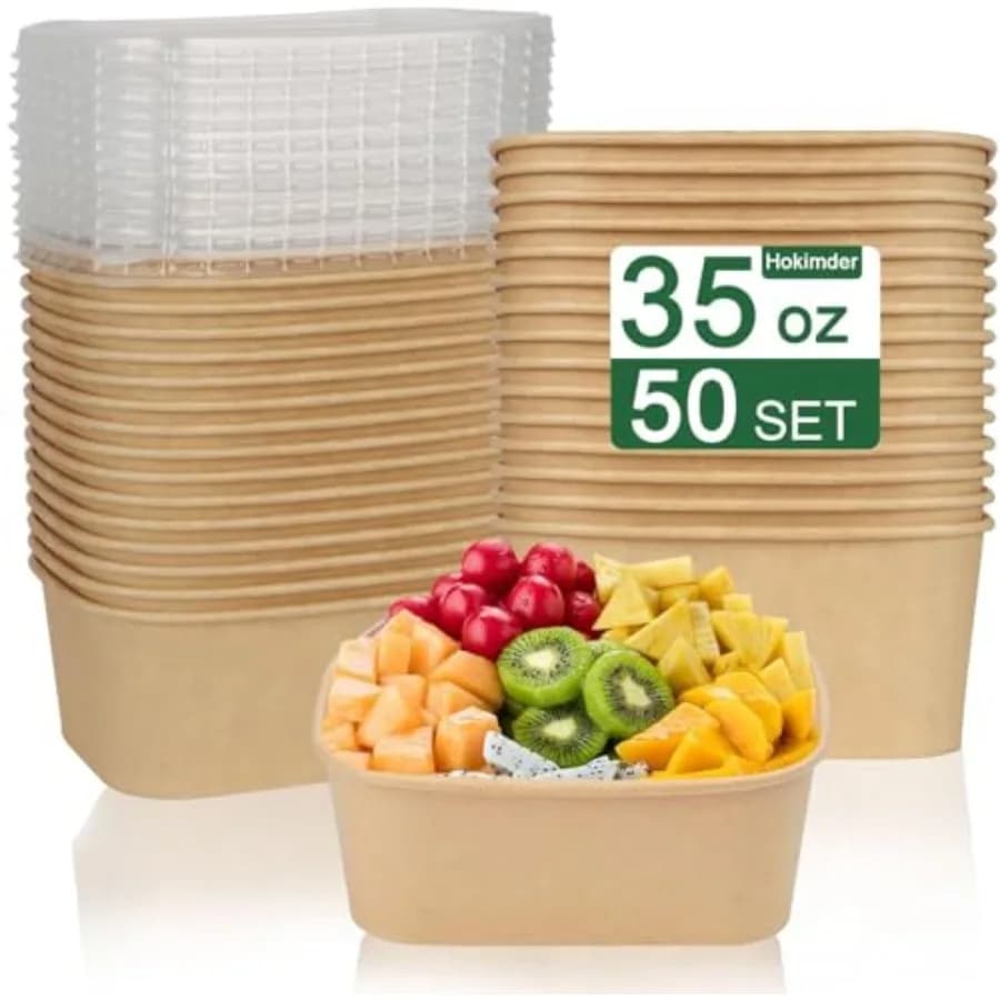 Confezione da 50 Contenitori per Alimenti in Carta da 35oz con Coperchi, Contenitori in Cartone per Preparazione Pasti, Ciotole in Carta Kraft Compostabili Usa e Getta con Coperchio