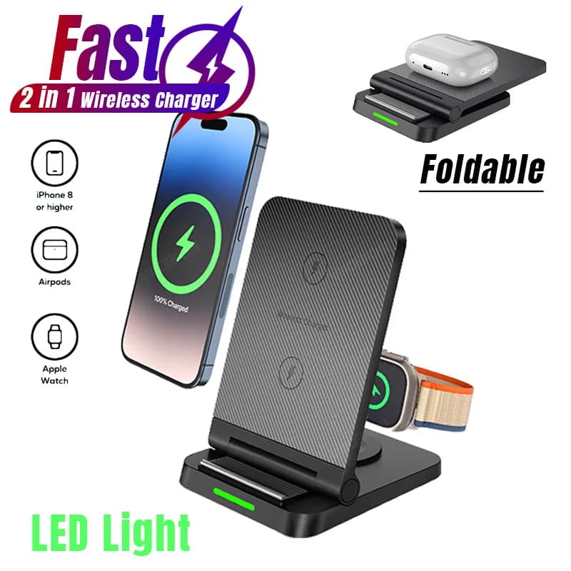 2 in 1 Wireless Charger Station For iPhone 17~12 Samsung Xiaomi Travel Charger For atch Airpods Pro Fast Wireless Charging Dock