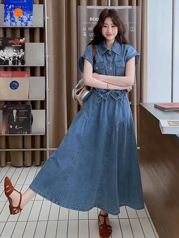 Women's Loose Fit Sleeveless Denim Vest And Skirt Set Cotton Material Flip Collar Pocket Design Summer Fashion Outfit