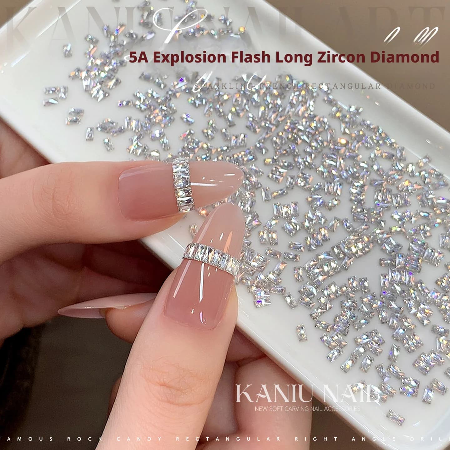 KANIU Champagne rectangular nail zircon white transparent 5A nail crystal diamond French striped nail accessory