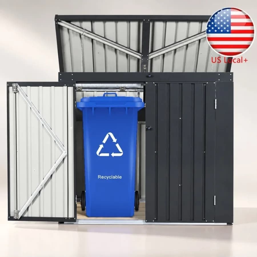 Outdoor garbage bin shed for garden yard lawn storage, stainless galvanized steel, black, holds 2 trash cans
