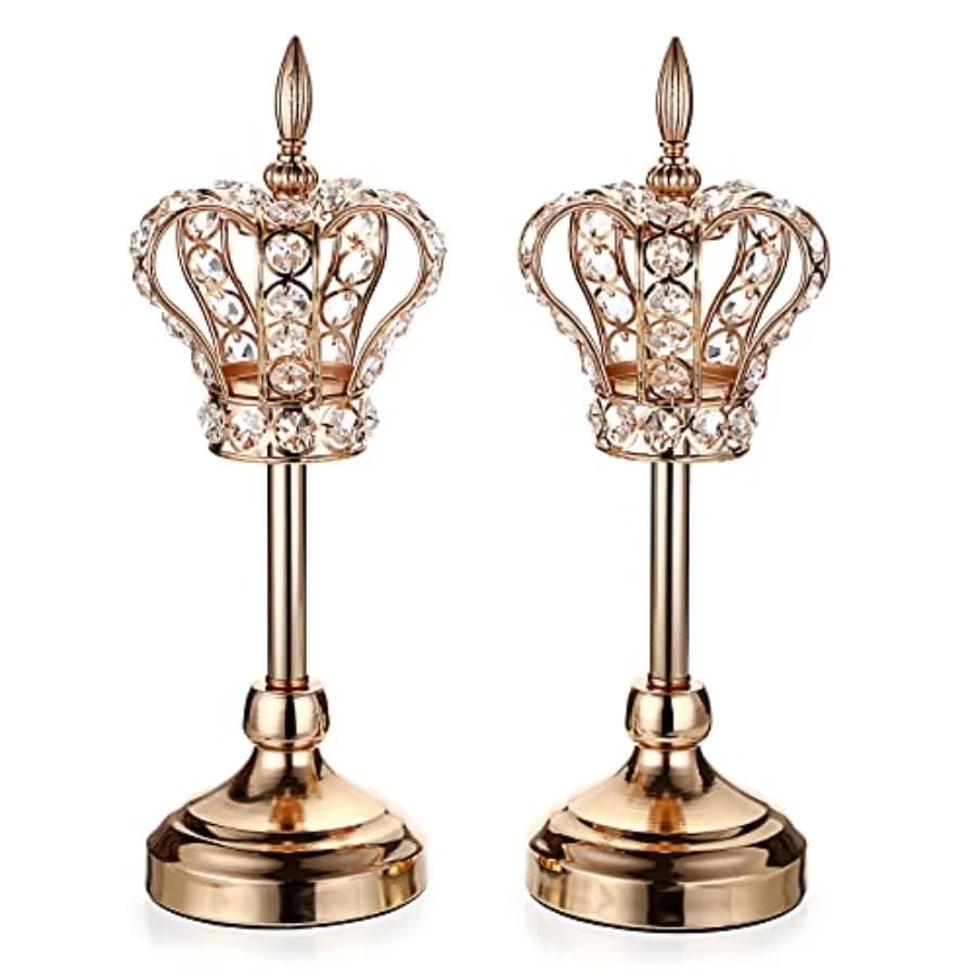 2PCS Crystal Crown Candlestick Holders Tea Light Holders Metal Tealight Candelabra, Gold Crystal Votive Candlesticks Set Elegan