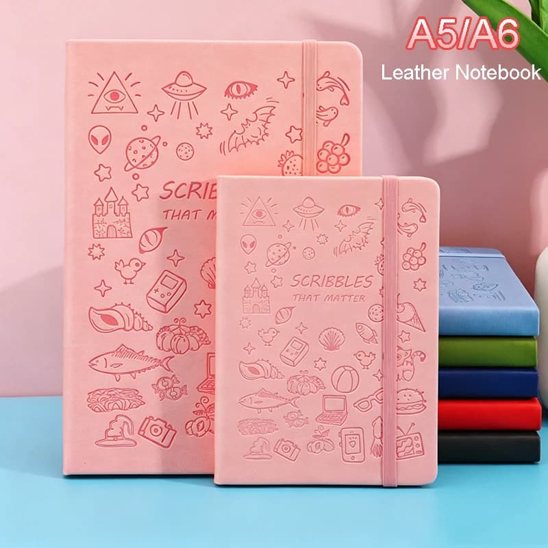 A5 A6 PU Leather Notebook Cute Embossed Doodle Pattern 200 Pages Writing Journal Diary Planner for School Office Gift