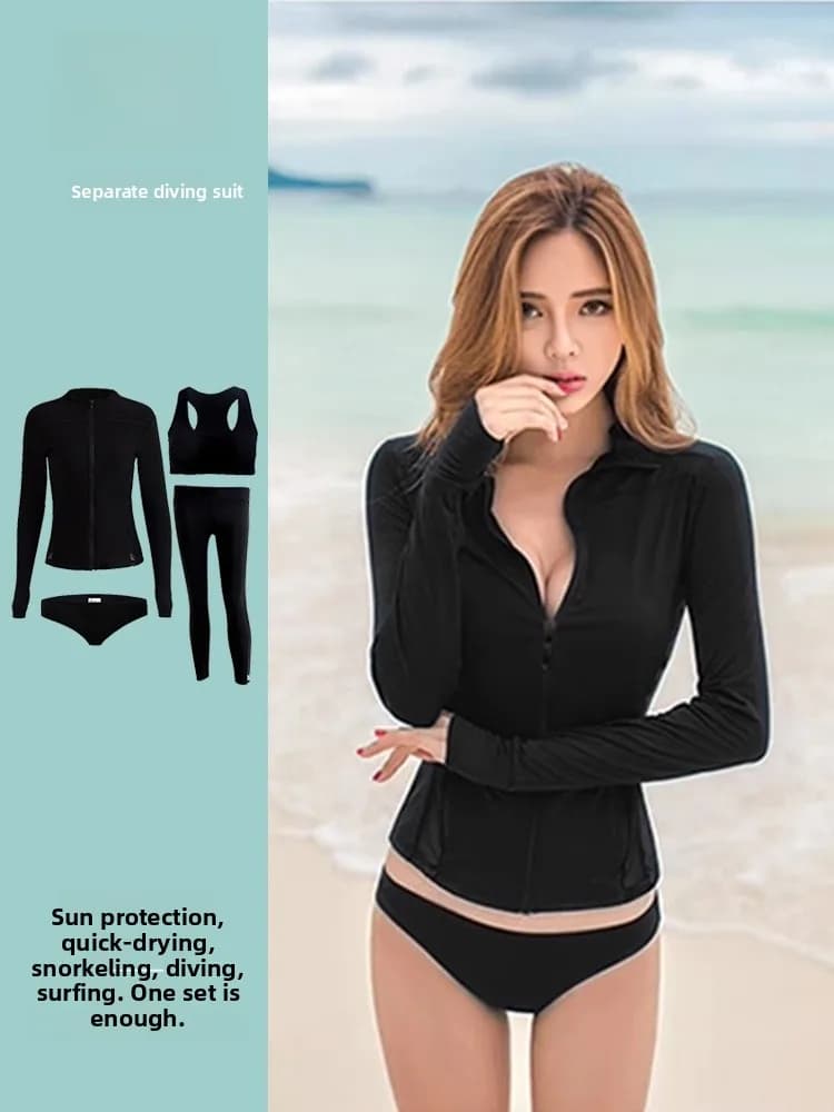 Long-sleeved woman mute and long trousers, with zipper, hot, for surfing, snorkeling and diving, separate design, anti-meduse