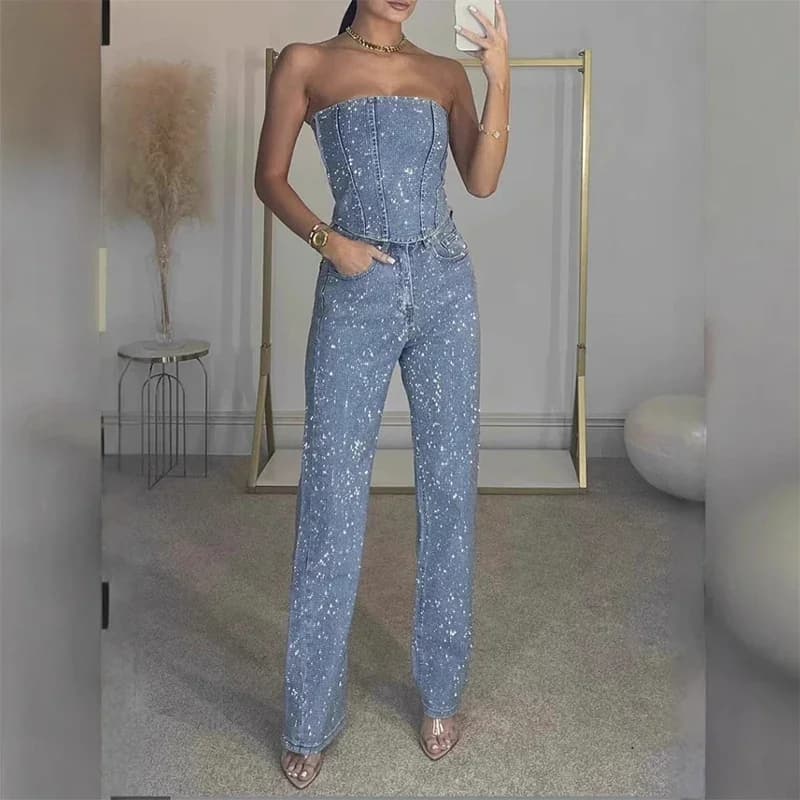 CPSYMYM Strass Gilet di jeans Set di jeans Donna Sexy Slim senza maniche senza spalline Vita impero Tasca con cerniera Pantaloni a matita Estate