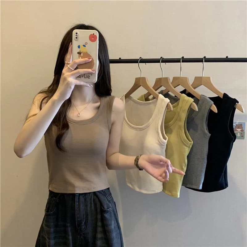 Elegante Canotta da Donna con Imbottitura sul Petto, Scollo Rotondo, Stile Commuter, per Uso Quotidiano