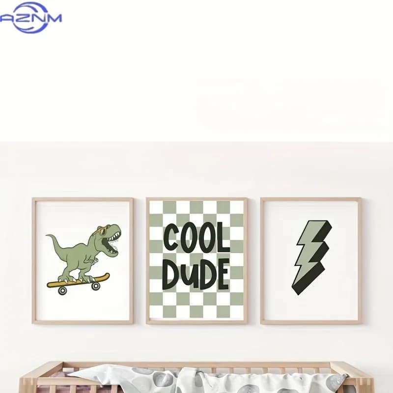 3pcs Dinosaur Painting Canvas Prints Cool Dude Dinosaur Skateboard Wall Art Decor For Home Room Wall Decor No Framed