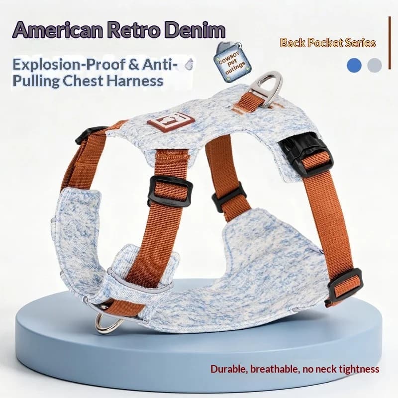 Vintage Denim No Pull Dog Harness with Built-in ID Pocket Anti-Choke Pet Vest Harness for Small Medium Large Dogs