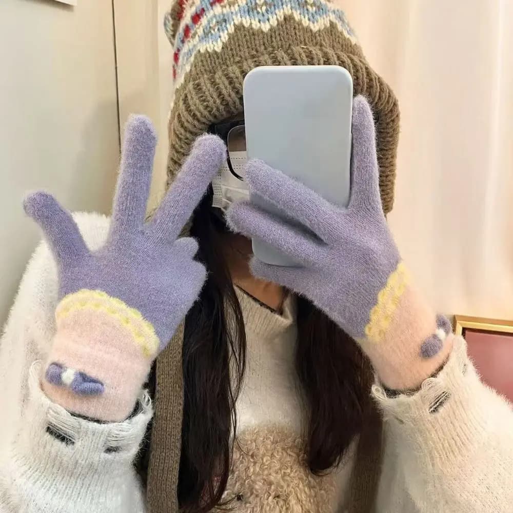 Breathable Korean Style Warm Knitted Gloves Touch-screen Cold-proof Full Finger Mittens Bowknot Cute Girls Winter Gloves Gift