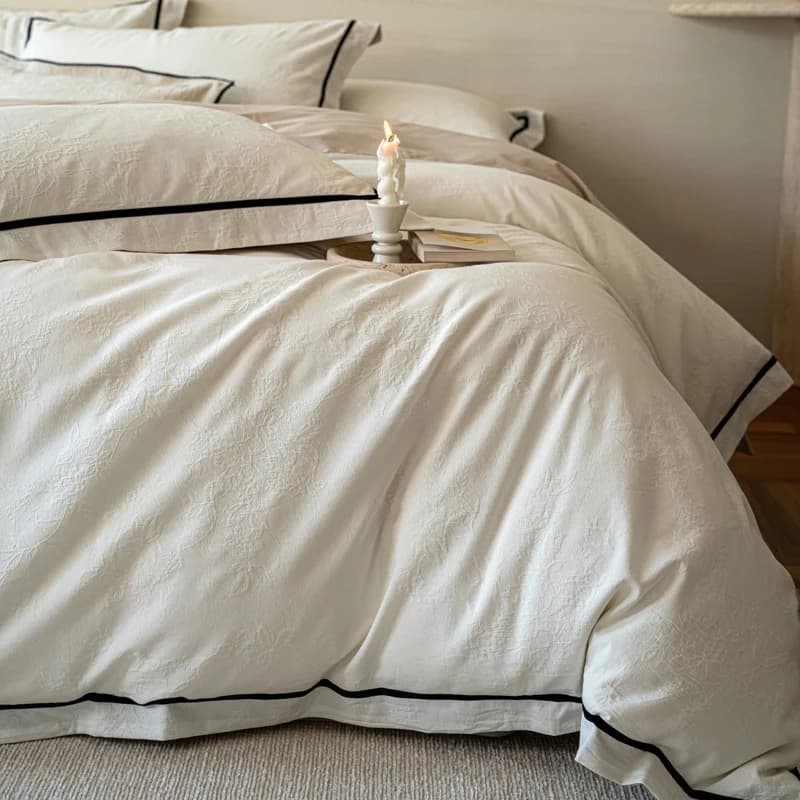 Cotton 60s Luxury Bed Linen Set, Jacquard Embossed, Copripiumin, Flat Bed Linens, Loyalty, 4 Pieces, Queen Sizes and King