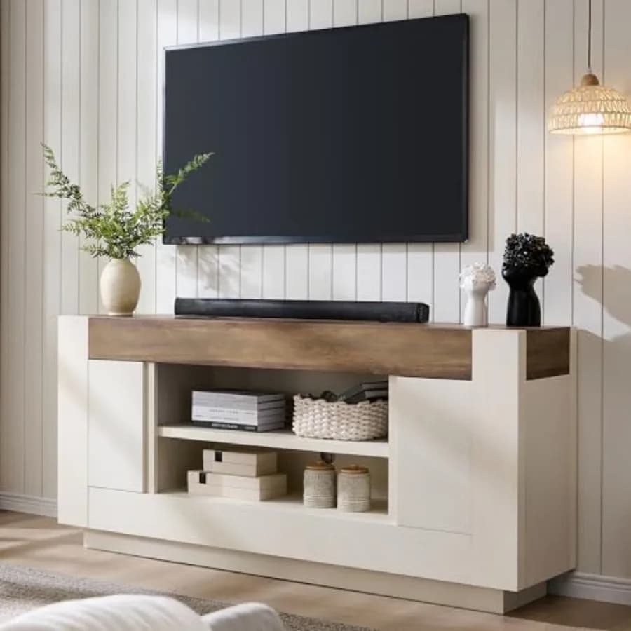 for 80 TV, Thick Block Media Console: living room use, solid wood, walnut finish, scratch-resistant surface