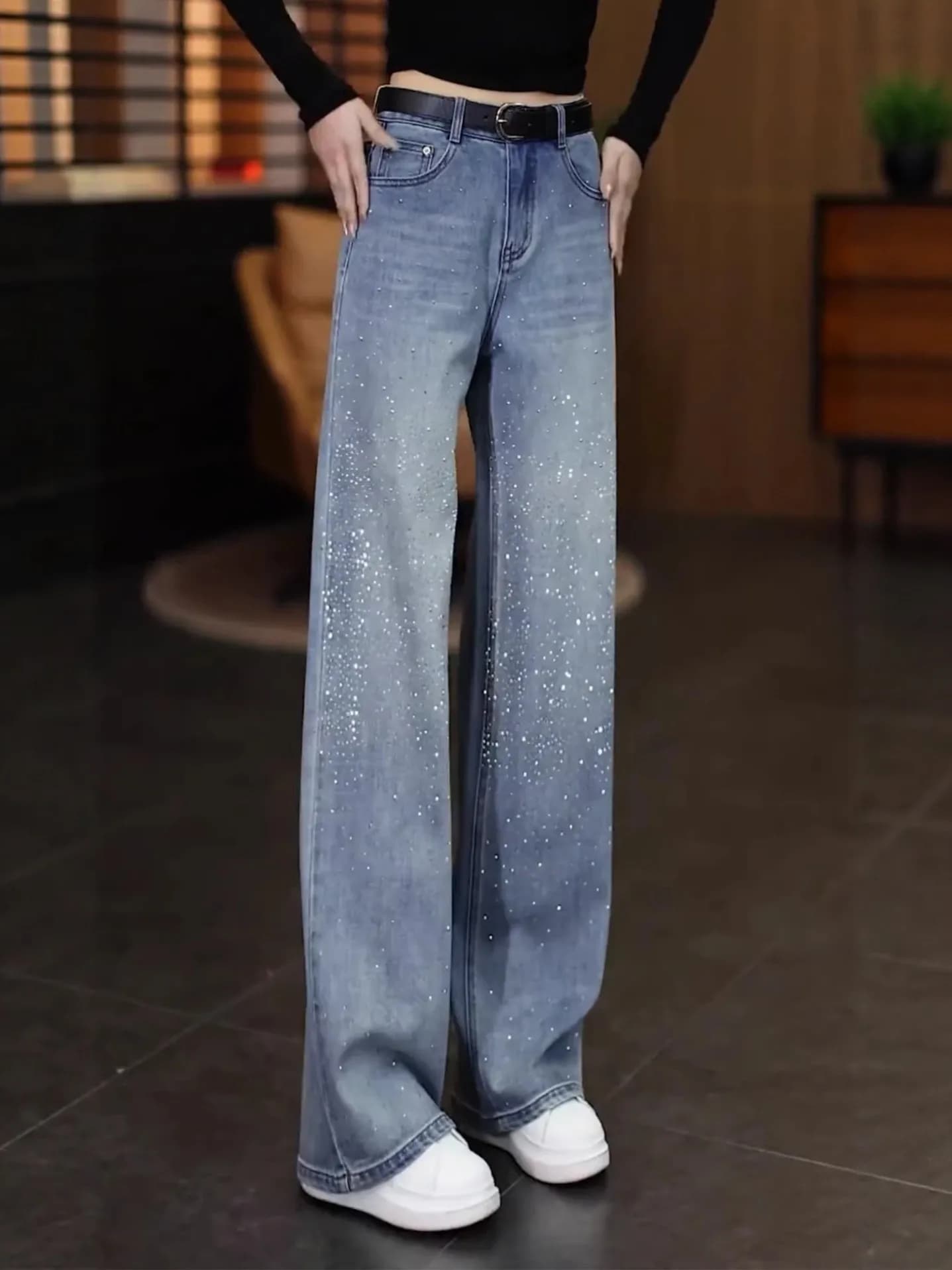 Jeans in Denim Glitterato a Vita Alta da Donna, Pantaloni a Gamba Dritta Larghi e alla Moda, Stile Premium Primaverile, Lavaggio Effetto Acqua