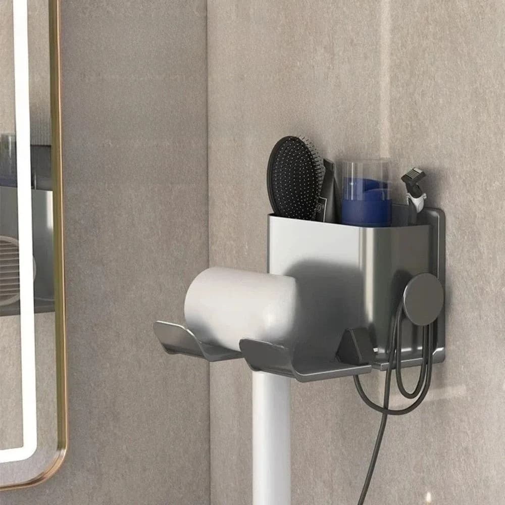 Non Perforated Hair Dryer Holder Self-adhesive Portable Wall Mounted Holder Multiple Compartments Durable