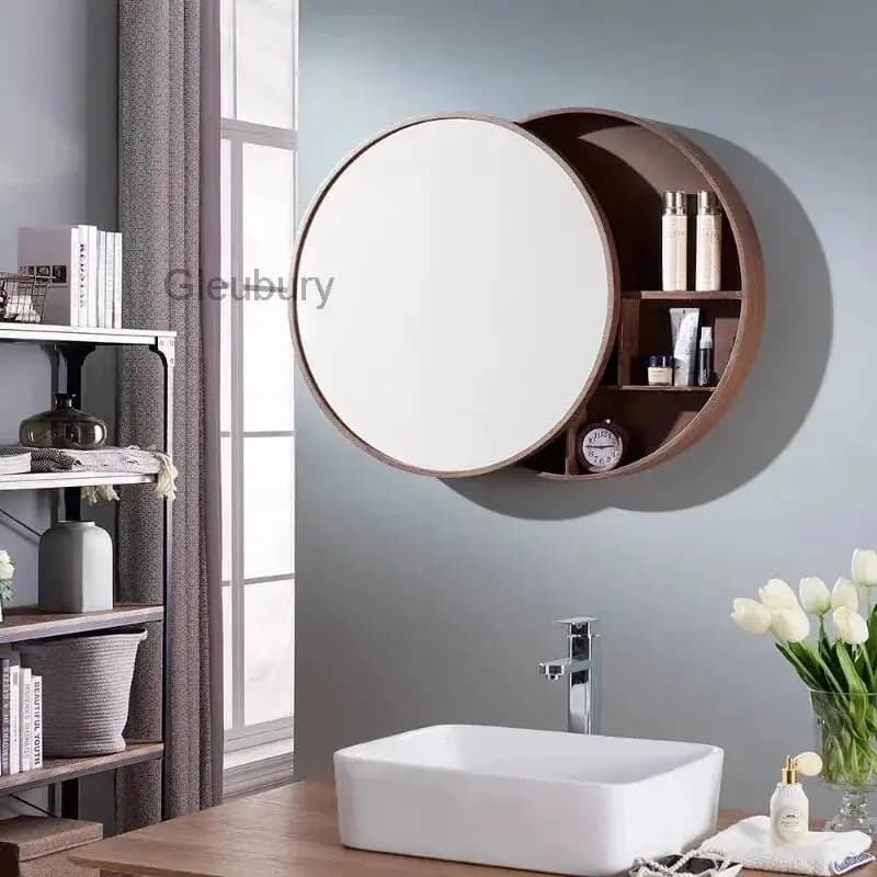 Specchio da Bagno in Legno Massello con Armadietto Decorativo, Porta Scorrevole, Specchio Rotondo Decorativo da Parete per Casa