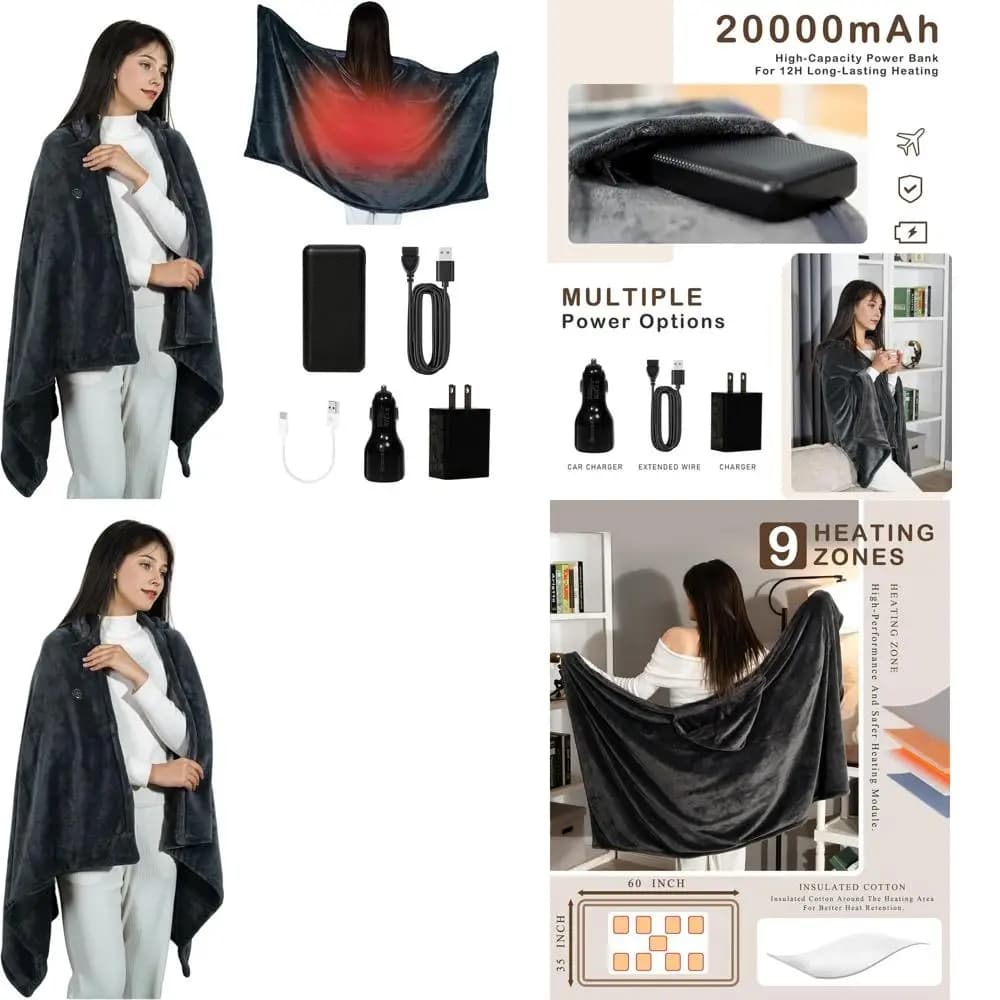 Coperta riscaldata portatile senza fili con cappuccio, 3 impostazioni di temperatura, batteria da 20000 mAh, ideale per campeggio e auto