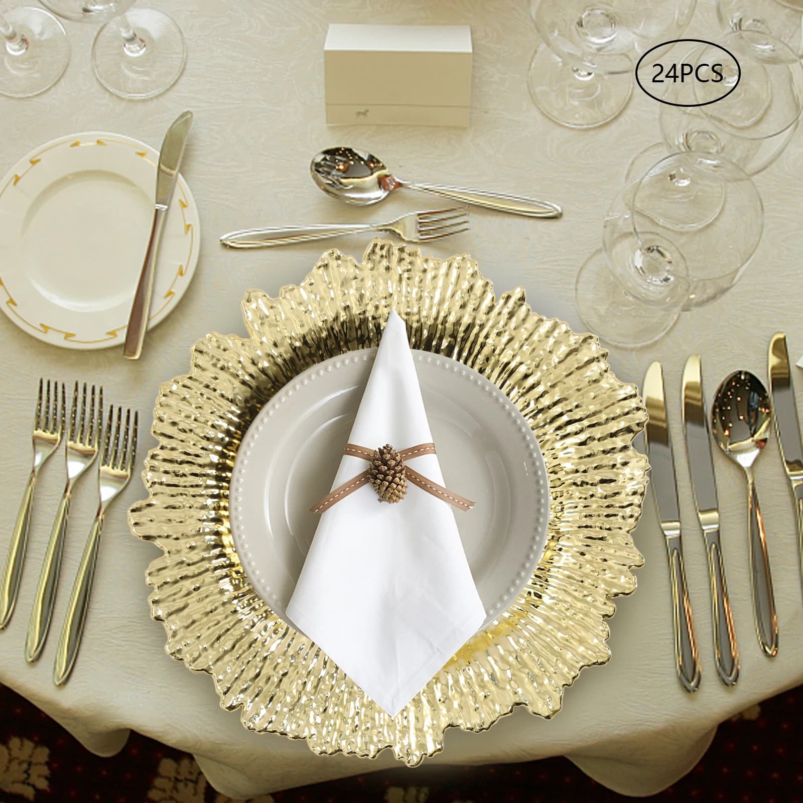 Confezione da 24 piastre caricabatterie, caricabatterie rotondi in plastica da 13 pollici con design Flora Reef per la decorazione della cena di nozze