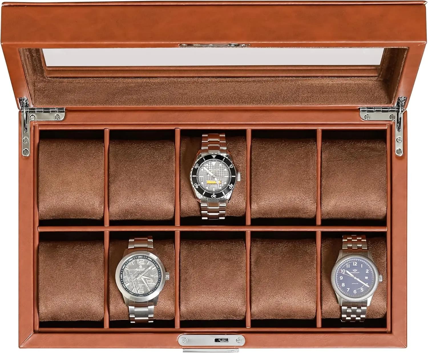 10 Spart Leather Watch Box with Glass Cover - Luxury Display for Men and Women (Right Brown)
