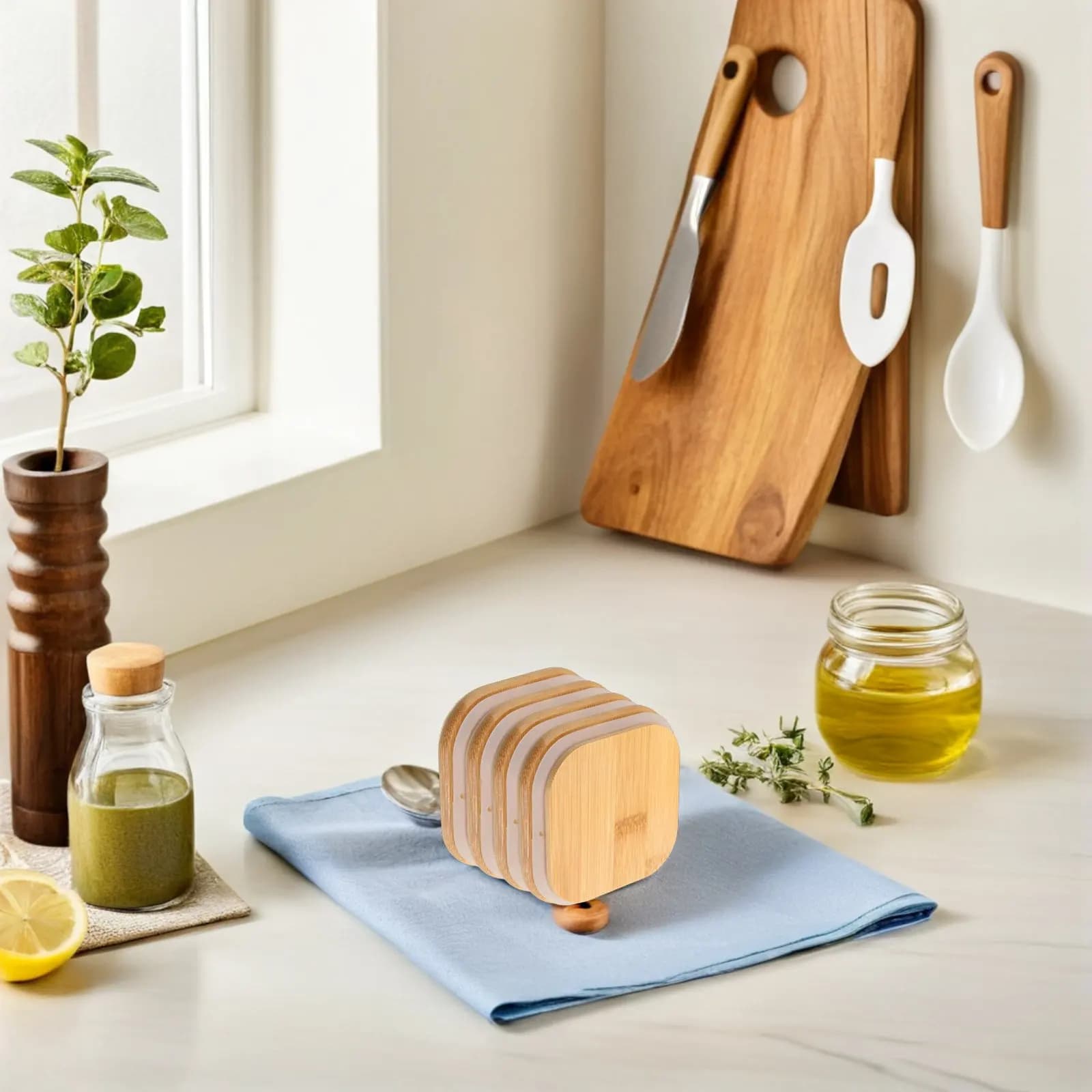 4Pcs Glass Canister Bamboo Lids Square Airtight Design with Silicone Gasket for Tea Leaves Coffee Beans Sugar Kitchen Food