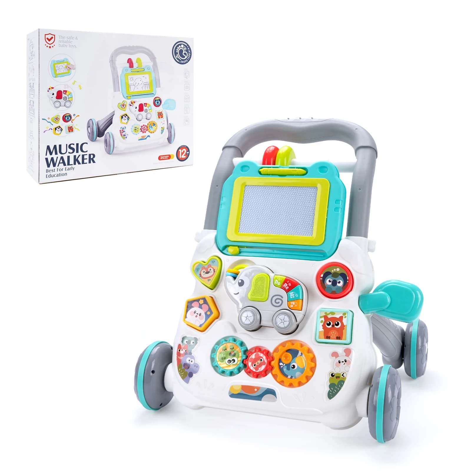 Girello per Bambini a Forma di Cartone Animato con Musica e Lavagna da Disegno, Giocattolo Multifunzione per Imparare a Camminare, per Bambini dai 6 Mesi in Su