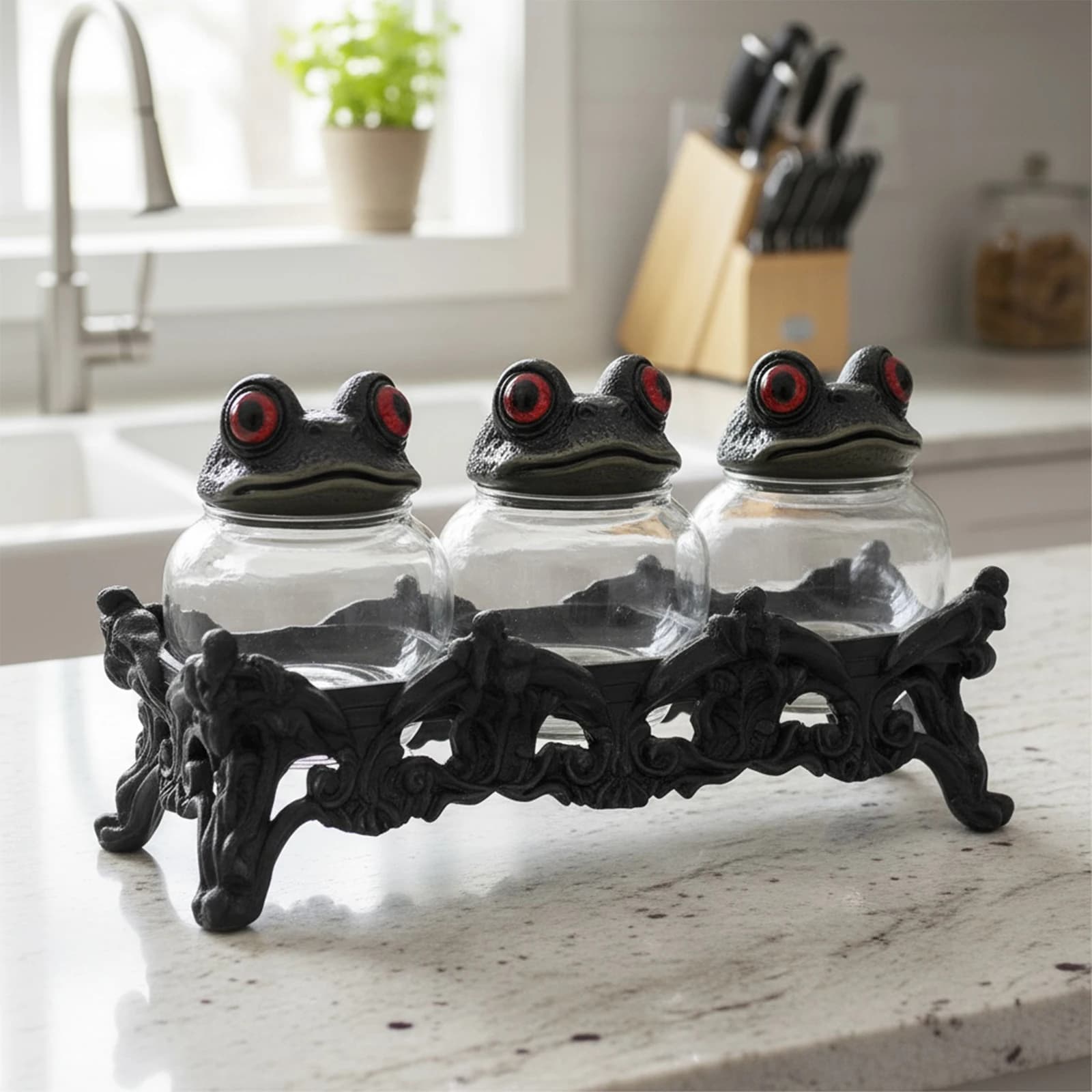 Set di 3 Barattoli Vintage Unici con Coperchi a Forma di Rana, Contenitori Vuoti Trasparenti per Spezie e Condimenti