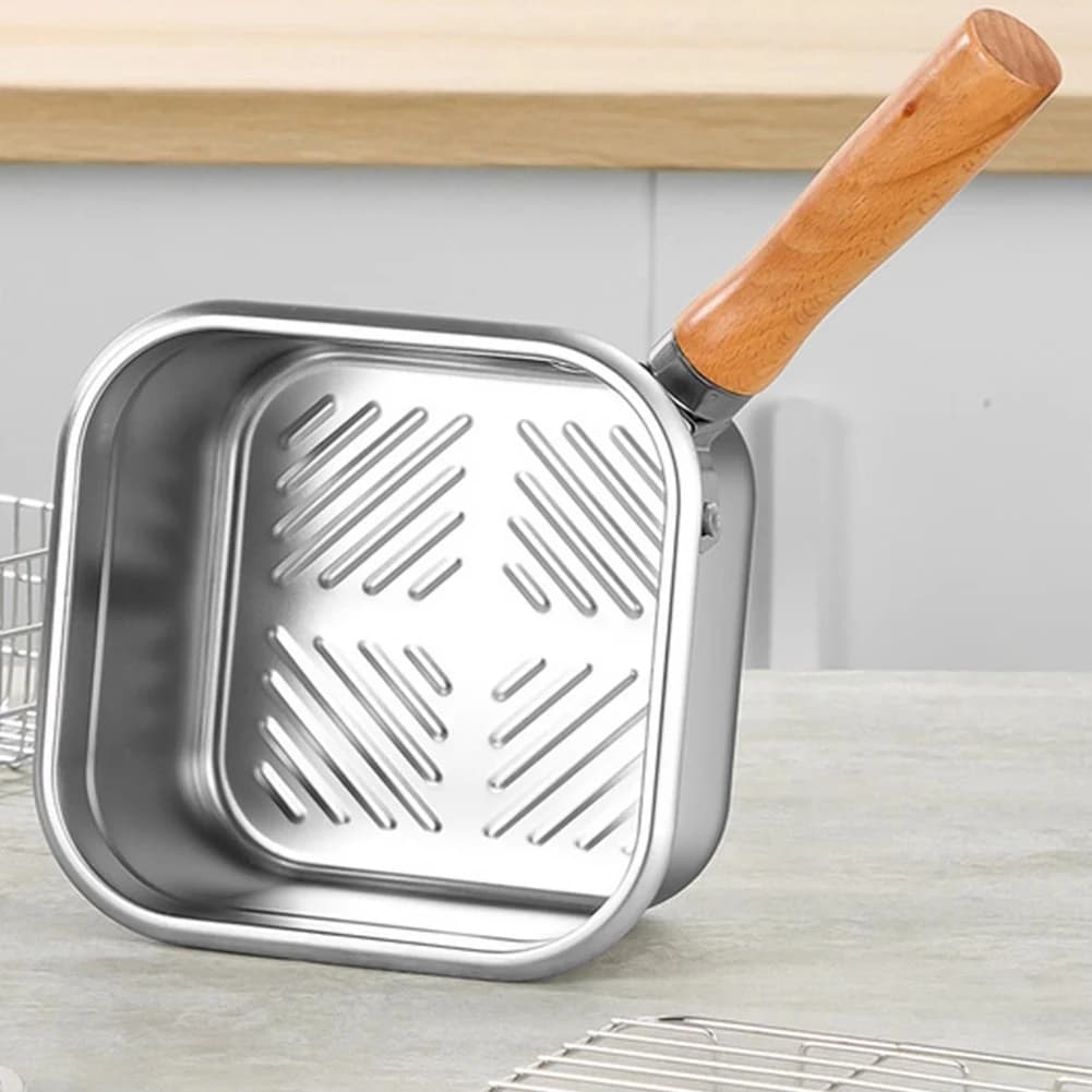 Padella in acciaio inossidabile Pentola per friggitrice quadrata a risparmio di olio con manico a cestello Friggitrice versatile con coperchio per cucina