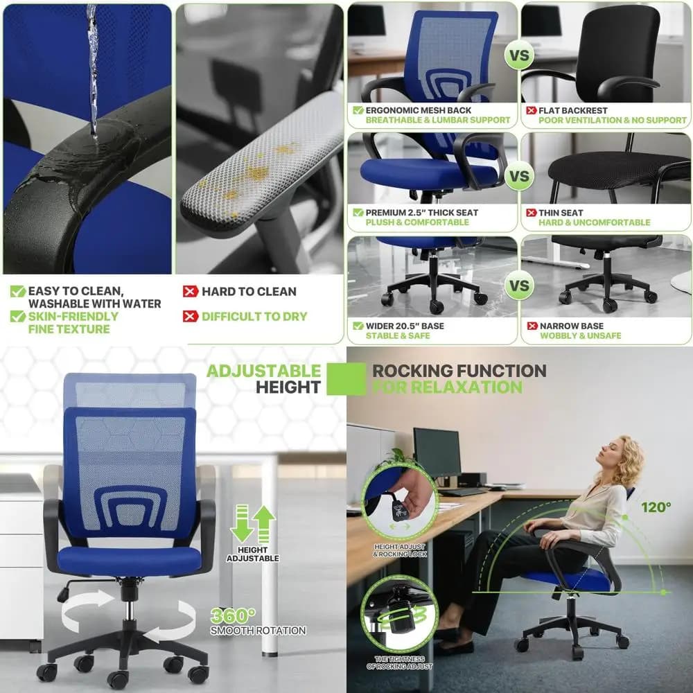 Sedia girevole ergonomica con schienale medio e supporto lombare, altezza regolabile per ufficio, giochi, studio, 300 libbre, Nav