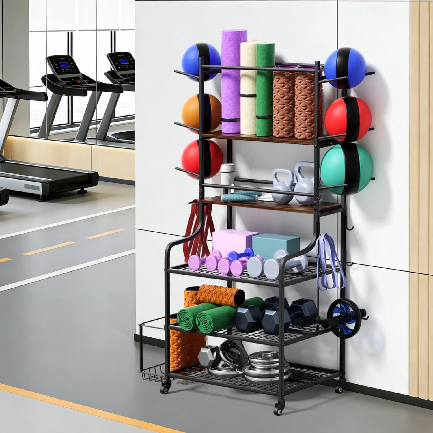 Scaffali Mobili per Stoccaggio Attrezzi Fitness, Supporto per Tappetini Yoga con Ruote, per Manubri e Kettlebell
