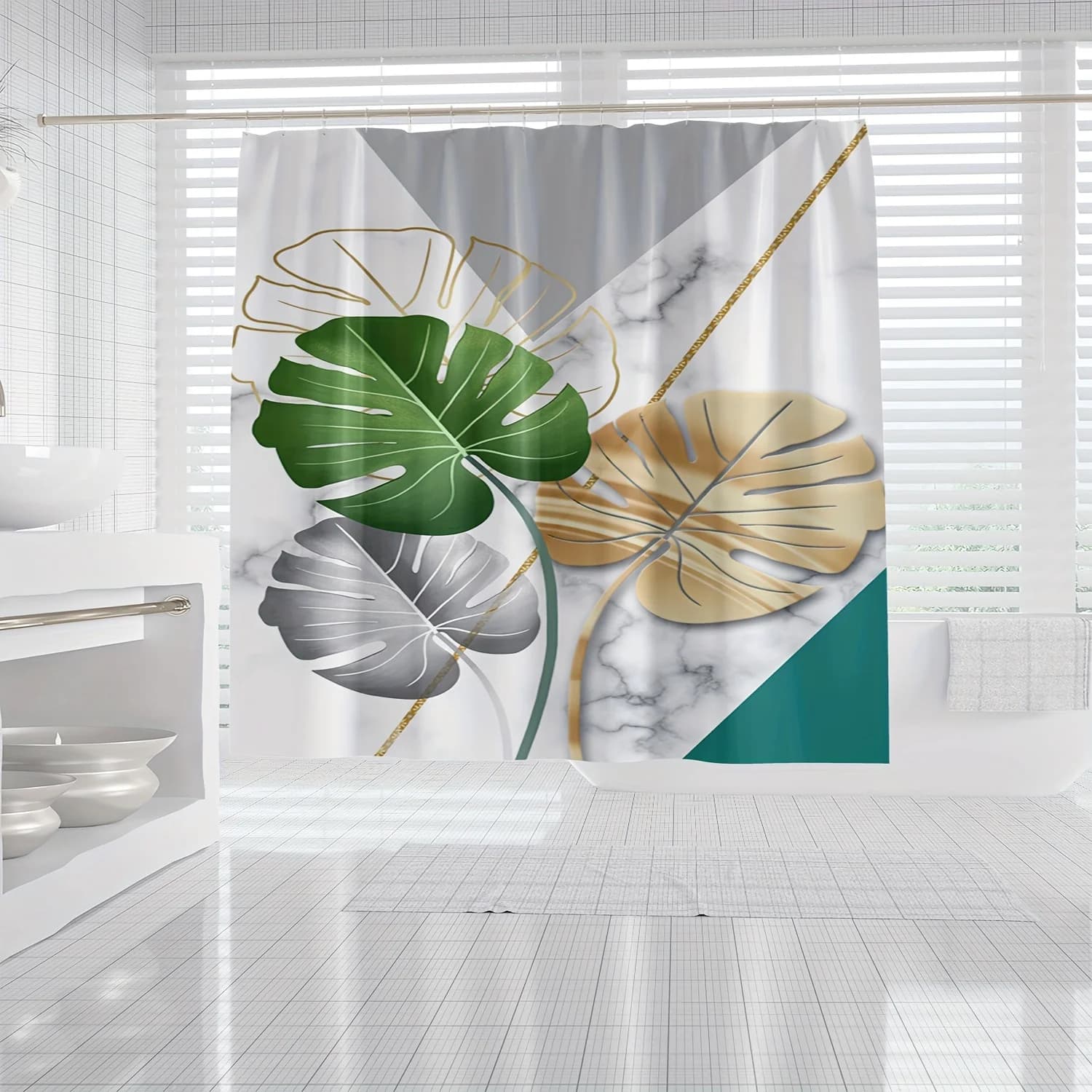 Tenda da doccia con motivo a foglie di marmo da 1 pezzo, tenda divisoria da bagno impermeabile con ganci, accessori da bagno, decorazioni per la casa