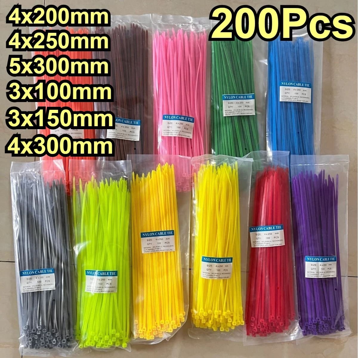 Fascette per cavi in nylon da 200 pezzi 3x1 0/4x200/4x250/5x300mm Multi-Purpose autobloccanti 9 colori Home Office Garden Garage Officina