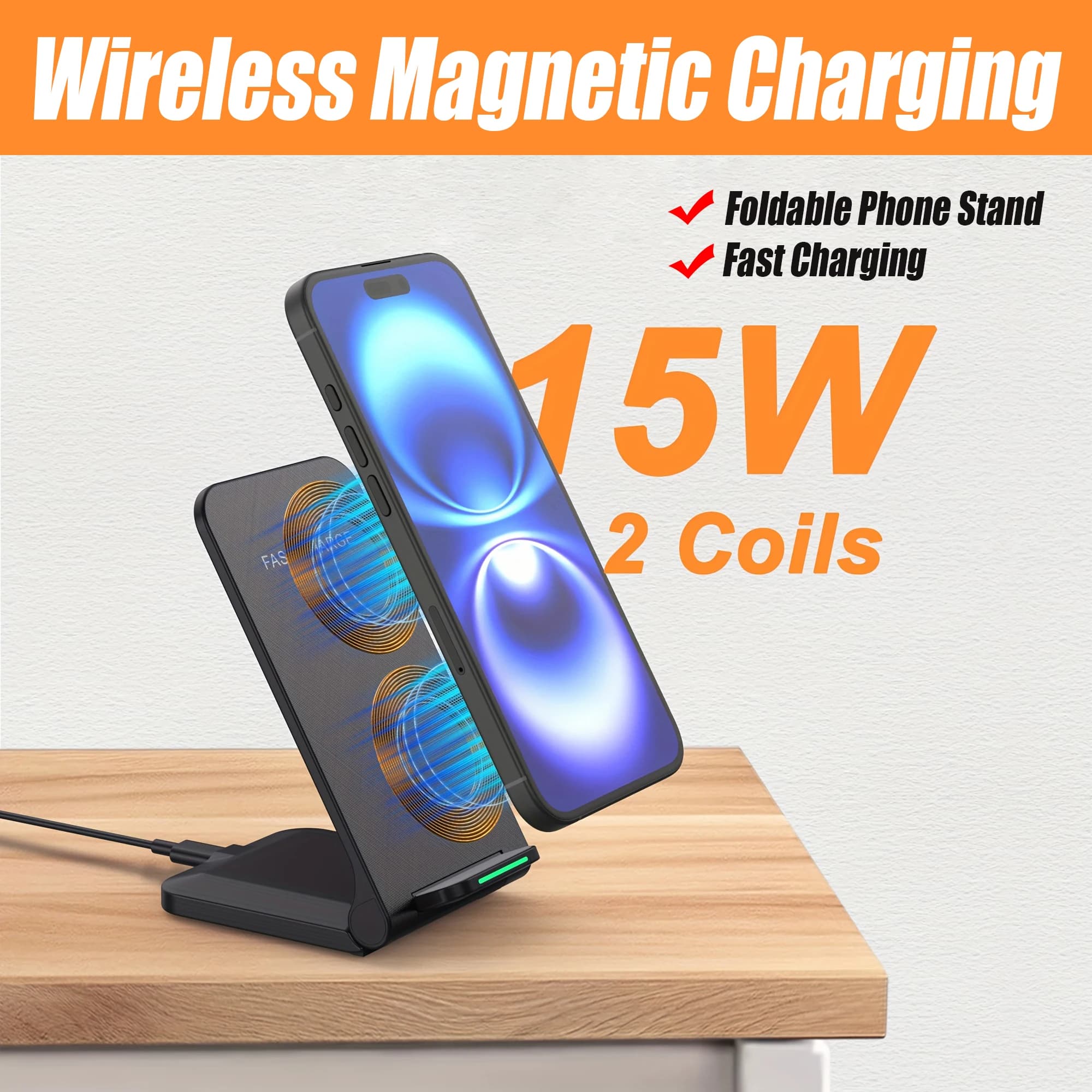 Quick Magnetic Wireless Charging Station 15W, Foldable Support 3 in 1 with Strong MagSafe for iPhone, AirPods and Watch