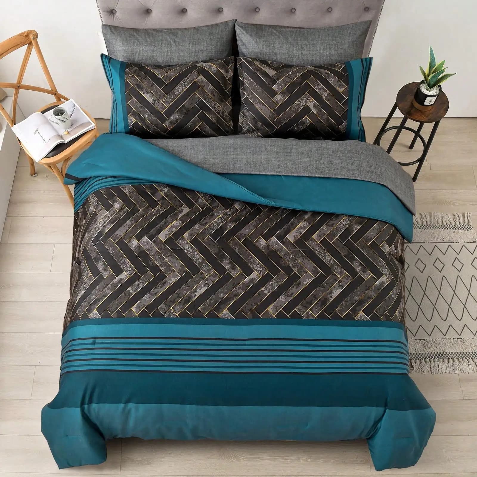 Set di 7 pezzi di biancheria da letto a righe grigie/blu/neri, set completo per letto matrimoniale/king size, caldo e morbido in microfibra, con lenzuolo.