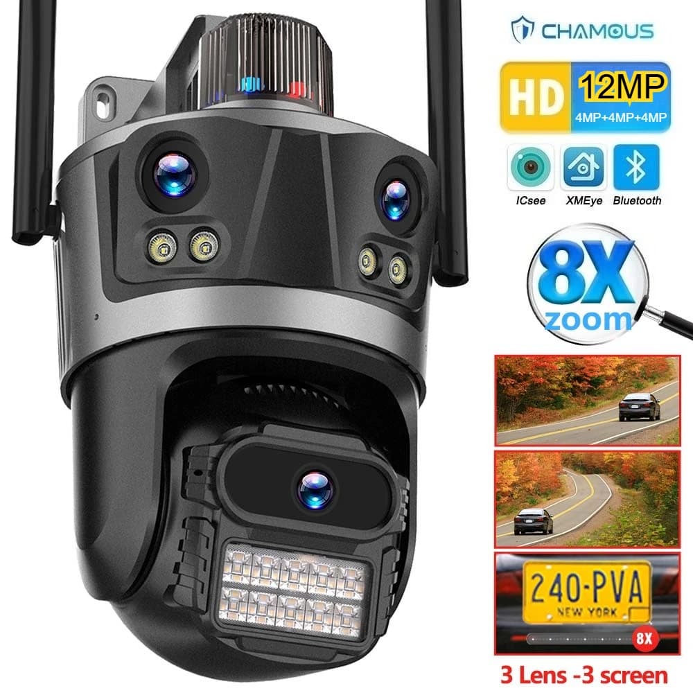 ICsee Telecamera di sicurezza Tre obiettivi 6K 12MP 8X Zoom WiFi esterno Wireless CCTV Video sorveglianza Monitoraggio automatico Protezione domestica