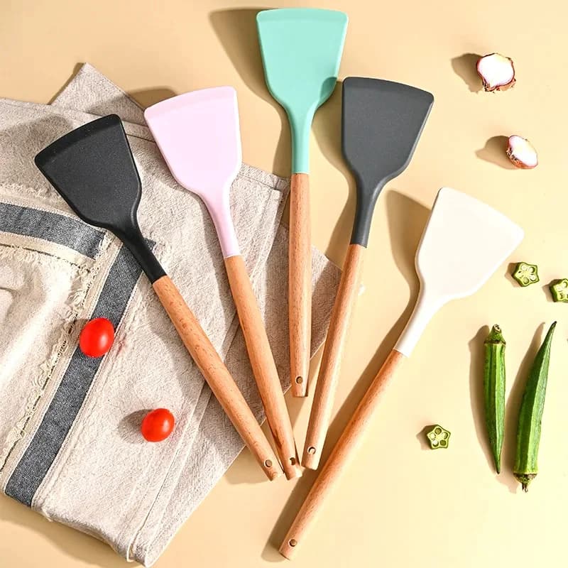 Non-Stick Silicone Spatula Wooden Turner Pancakes Frying Pan Shovel Meat Egg Scraper Turners Food Lifters Kitchen Cooking Tool
