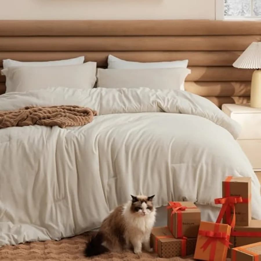 Set Copripiumino - Biancheria da Letto Morbida Beige per Tutte le Stagioni, Set Letto Tinto in Cationica 3 Pezzi, 1 Copripiumino 104"x96" e 2 Federe