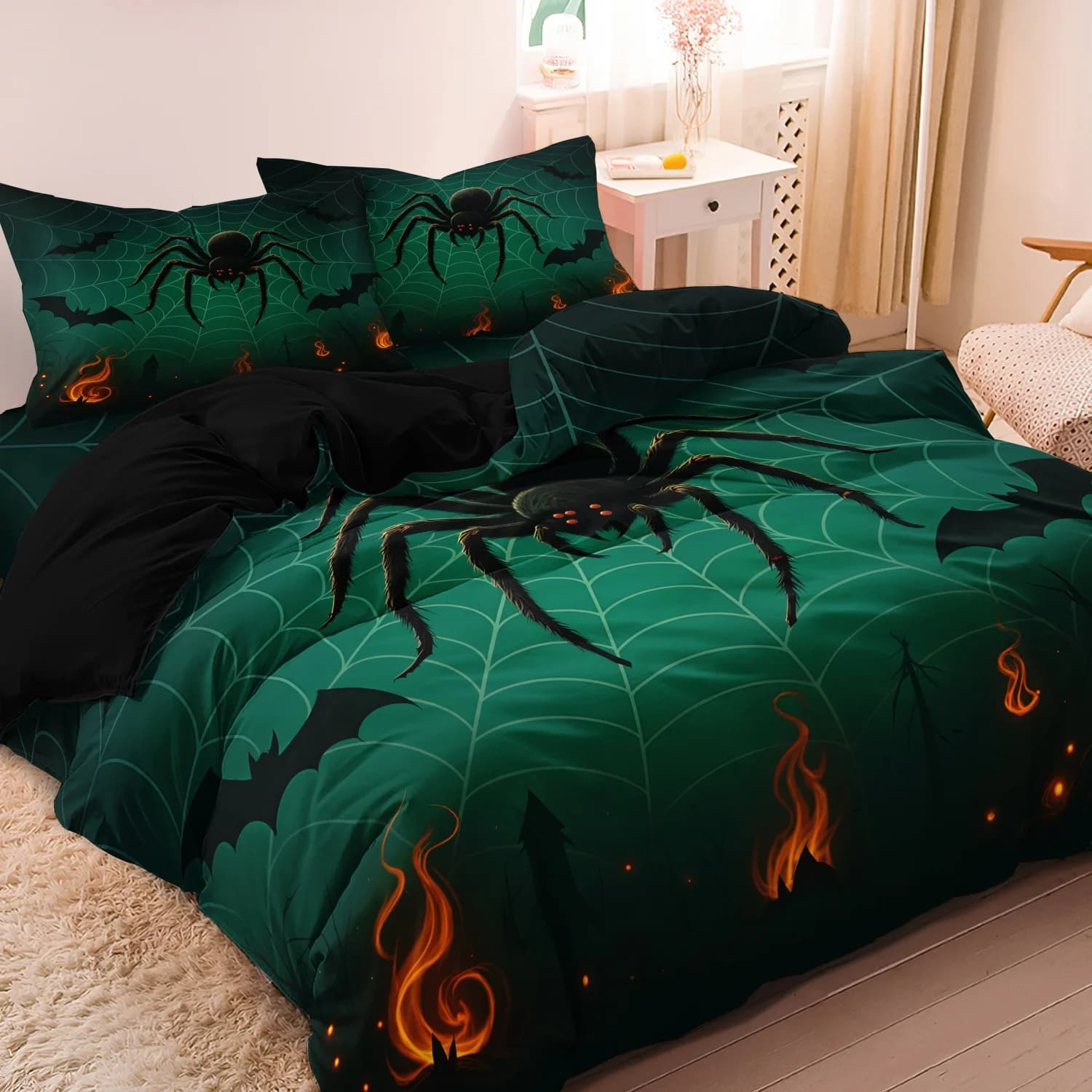 3 Pieces Gothic Halloween Spider Print Duvet Cover Bedding Set, Dark Green Spider Web Bat Flame Holiday Pattern Bedding