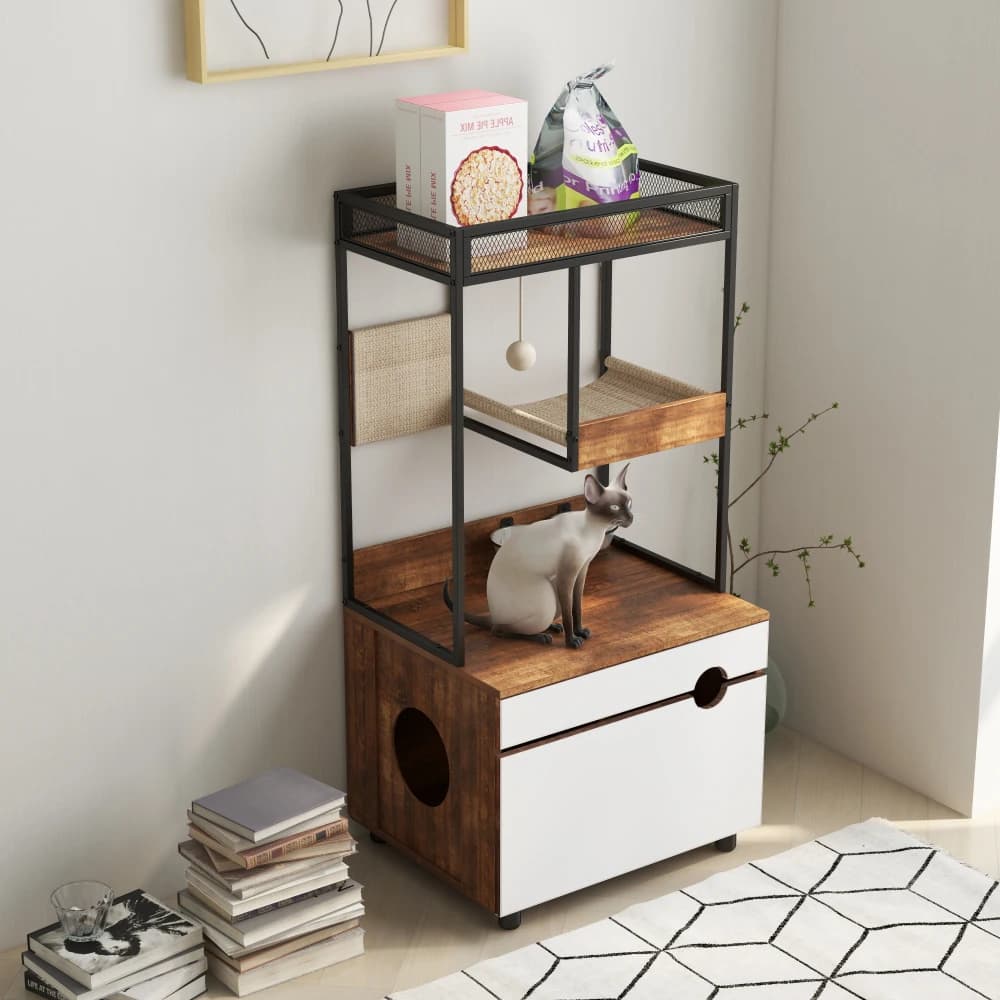 Ye Cat Litter Box Enclosures with Cat Tree Tower and Cat Furniture Cabinet