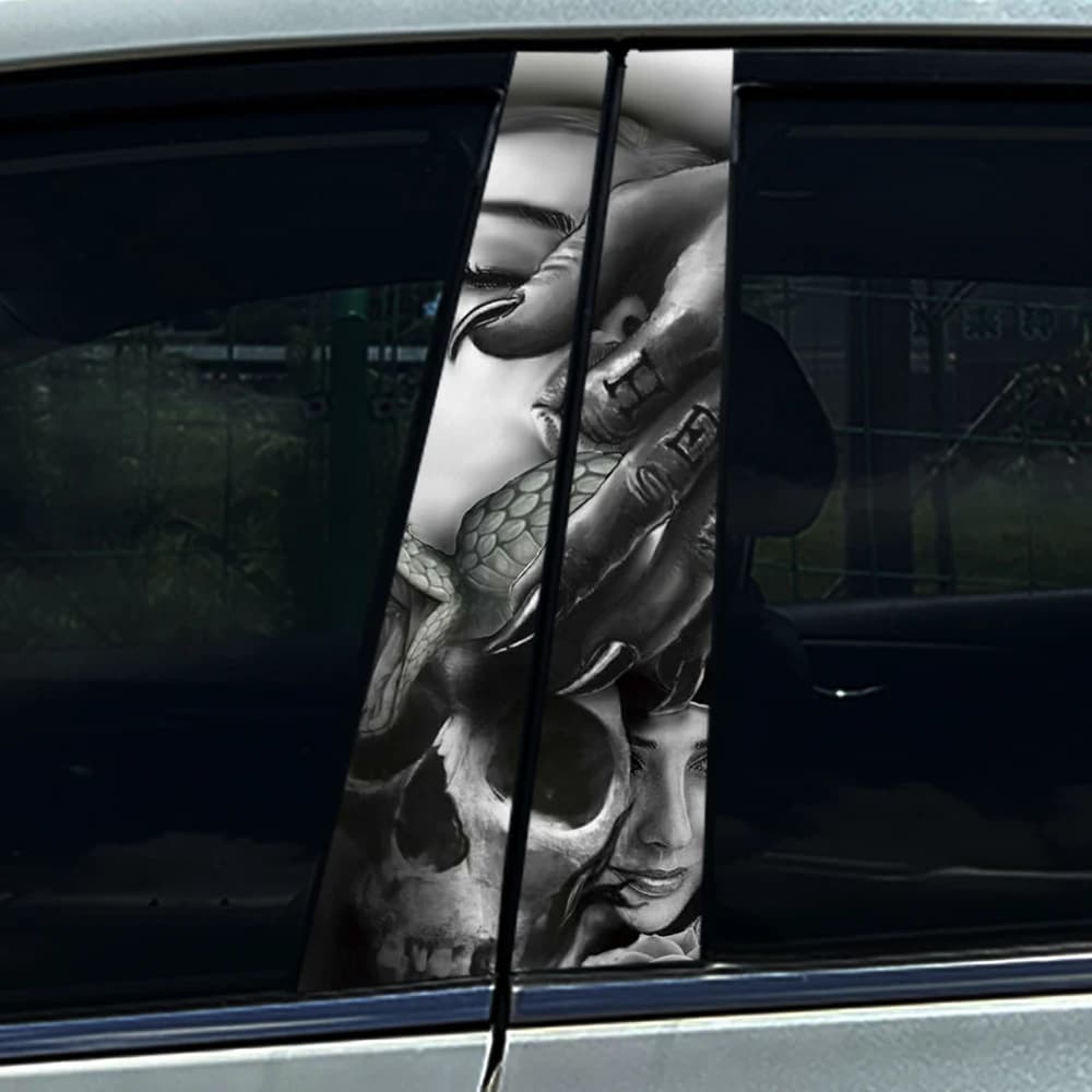 2 Pezzi Adesivo Gotico per Auto con Mano Tatuata, Teschio e Serpente, Decalcomania Impermeabile Resistente ai Raggi UV per Montante B dell'Auto