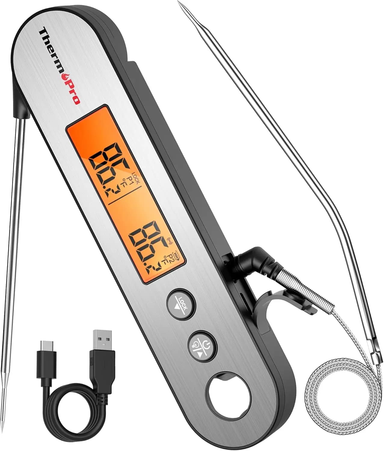 Digital Thermometer for Rechargeable Meat with LCD Rotating, Waterproof, Grilled Instant Reading, BBQ and Oven